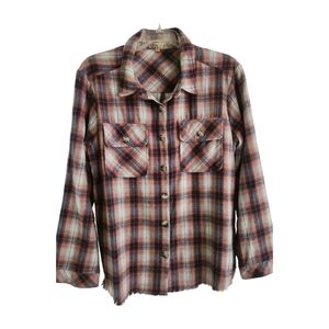 Plaid Flannel Shirt L Democracy Jacket Button Up Top Relaxed Fit Pockets